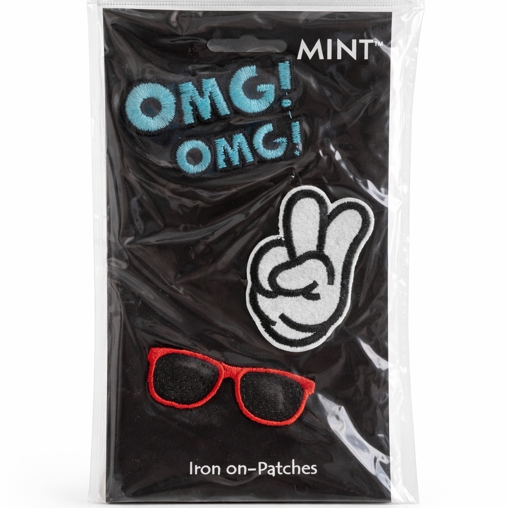 OMG! Fun Iron-On Patch Bundle – Peace Sign, Sunglasses & Bold Text